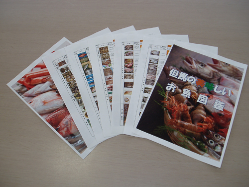 お魚図鑑の各ページをプリントアウトした紙の写真