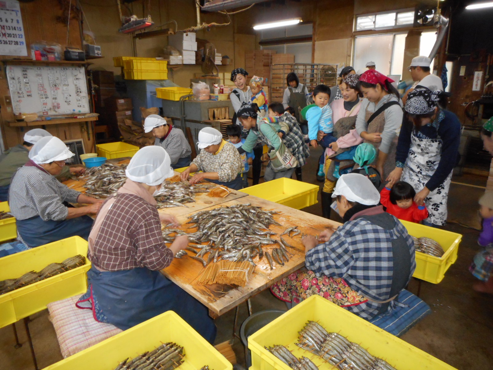 加工場で幼い子どもたちが黄色いコンテナに並んだ串刺しの小魚を見ている写真