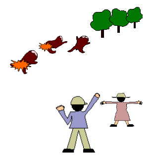 サルを追い払っている男性と女性のイラスト