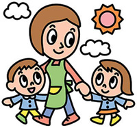 太陽が出ており、大人と二人の子供が歩いている様子のイラスト