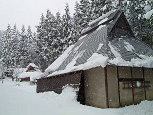 雪の積もったグレーの屋根の平屋の写真