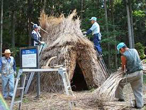 複数の作業員たちが竪穴式住居のかやを変えている写真