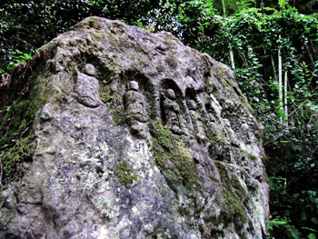 木の傍に置かれた苔むした岩に彫られた複数の仏の写真