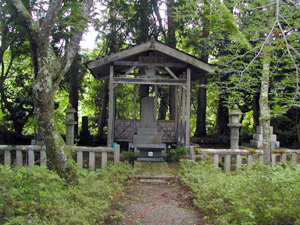 木々と柵に囲まれる墓の写真