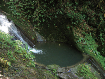 滝の下にある丸い甌穴の写真