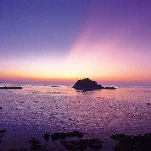 全体が紫色に染まった海の中に浮かぶ小さな島の写真