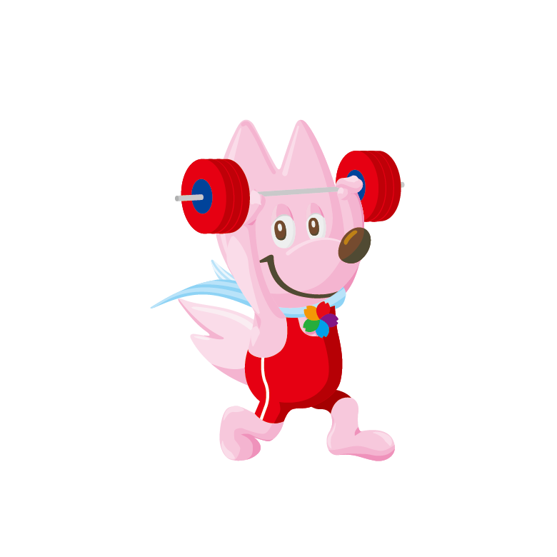 ピンク色のキツネがウエイトリフティングをしているイラスト