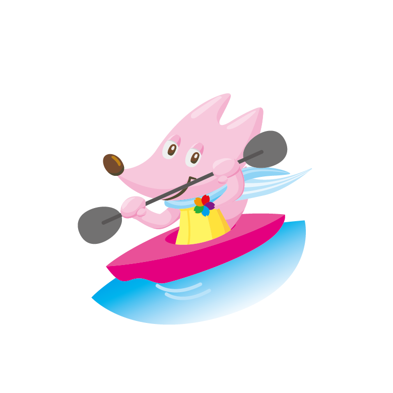 ピンク色のキツネが舟のオールを持っているイラスト