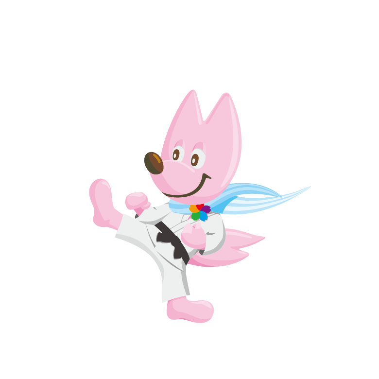 ピンク色のキツネが柔道着を着て足をあげているイラスト