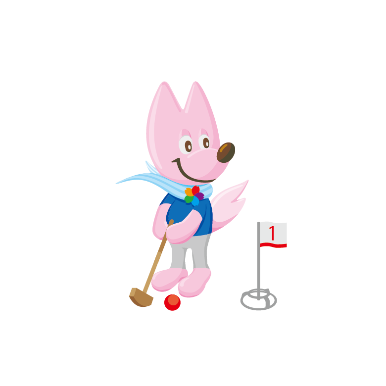 ピンク色のキツネが旗に向けて球を打とうとしているイラスト