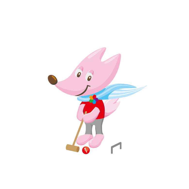ピンク色のキツネがゲートボールをしているイラスト