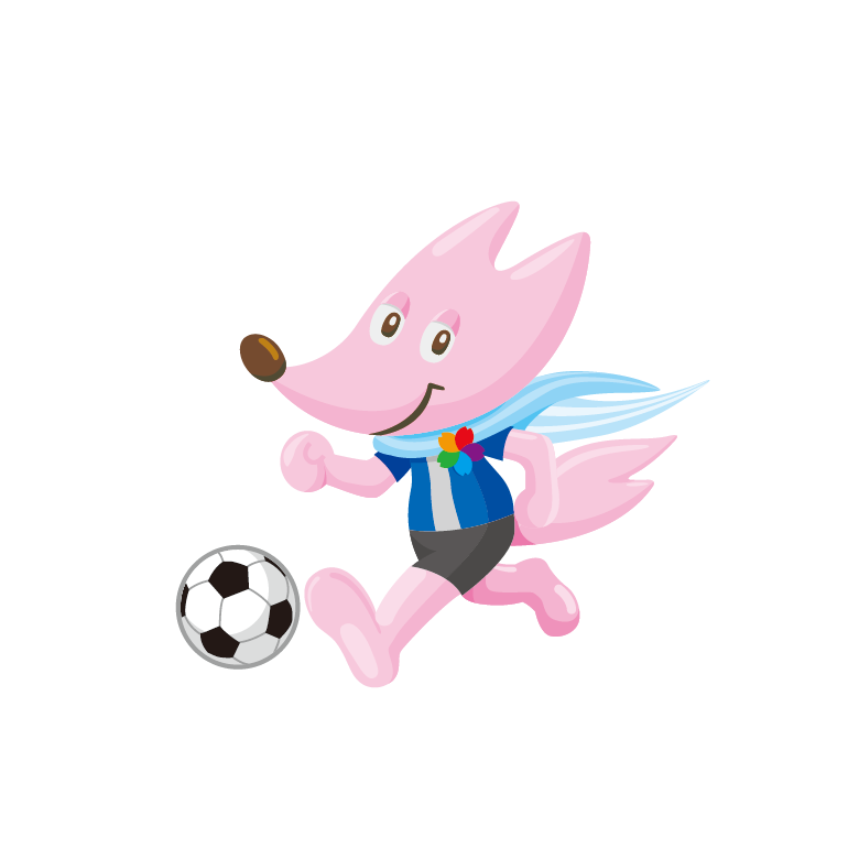 ピンク色のキツネがサッカーボールを蹴っているイラスト
