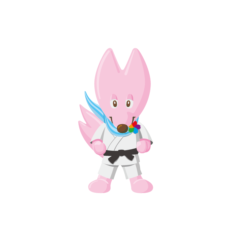 ピンク色のキツネが柔道着を着て立っているイラスト