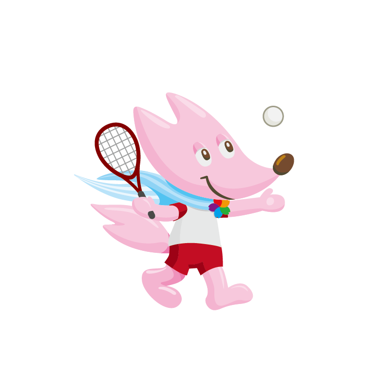 ピンク色のキツネが白い球をラケットで打とうとしているイラスト