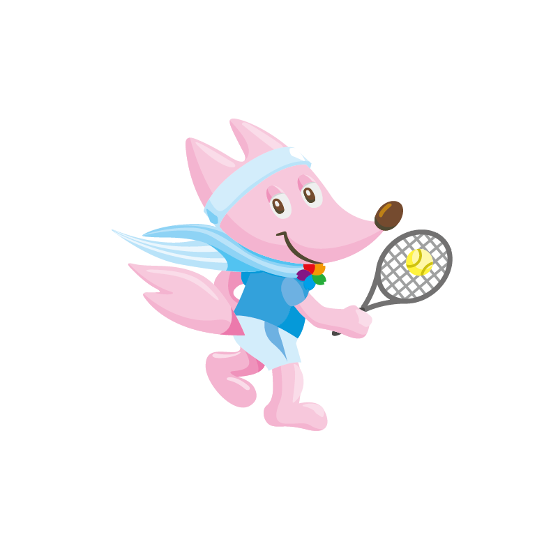 青い服を着たピンク色のキツネがテニスのラケットを持っているイラスト