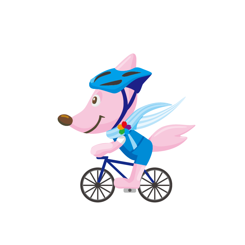 青いヘルメットを着けたピンク色のキツネが前をむいて自転車をこいでいるイラスト