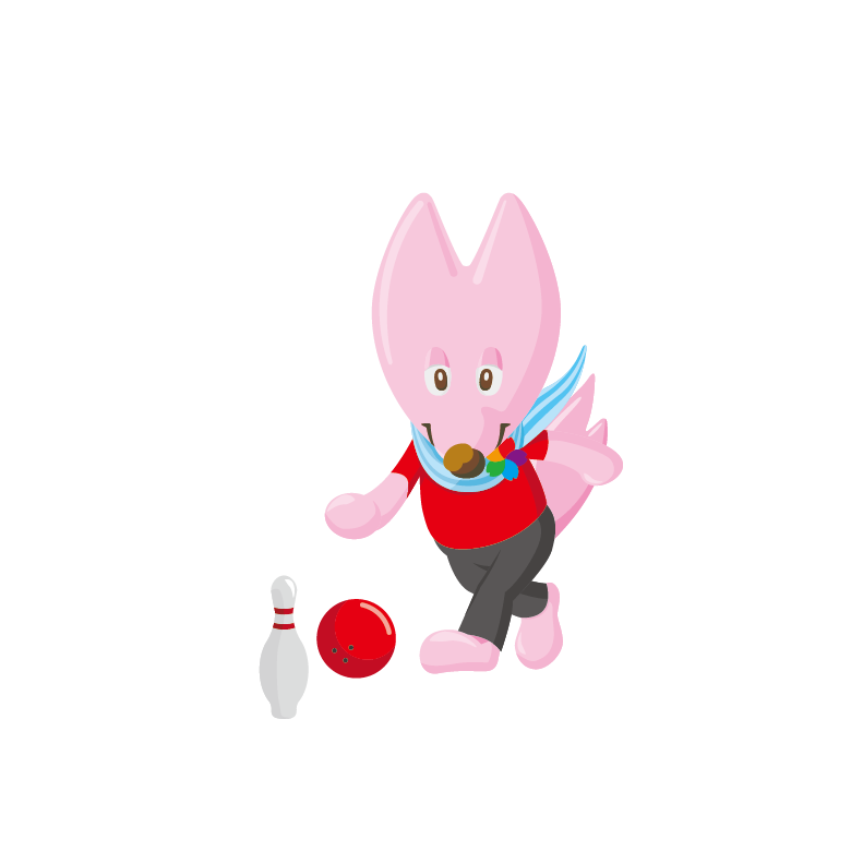 ピンク色のキツネがボウリングのピンに球を投げているイラスト
