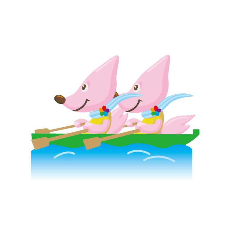 2匹のピンク色のキツネがカヌーのオールを漕いでいるイラスト