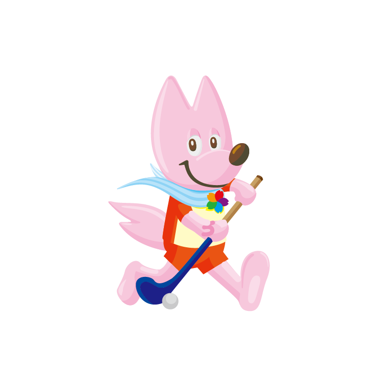 ピンク色のキツネがホッケーの棒を持っているイラスト