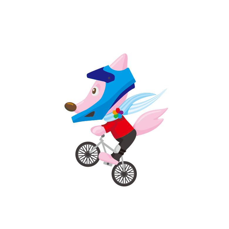 ピンク色のキツネが青いヘルメットを被って自転車に乗っているイラスト