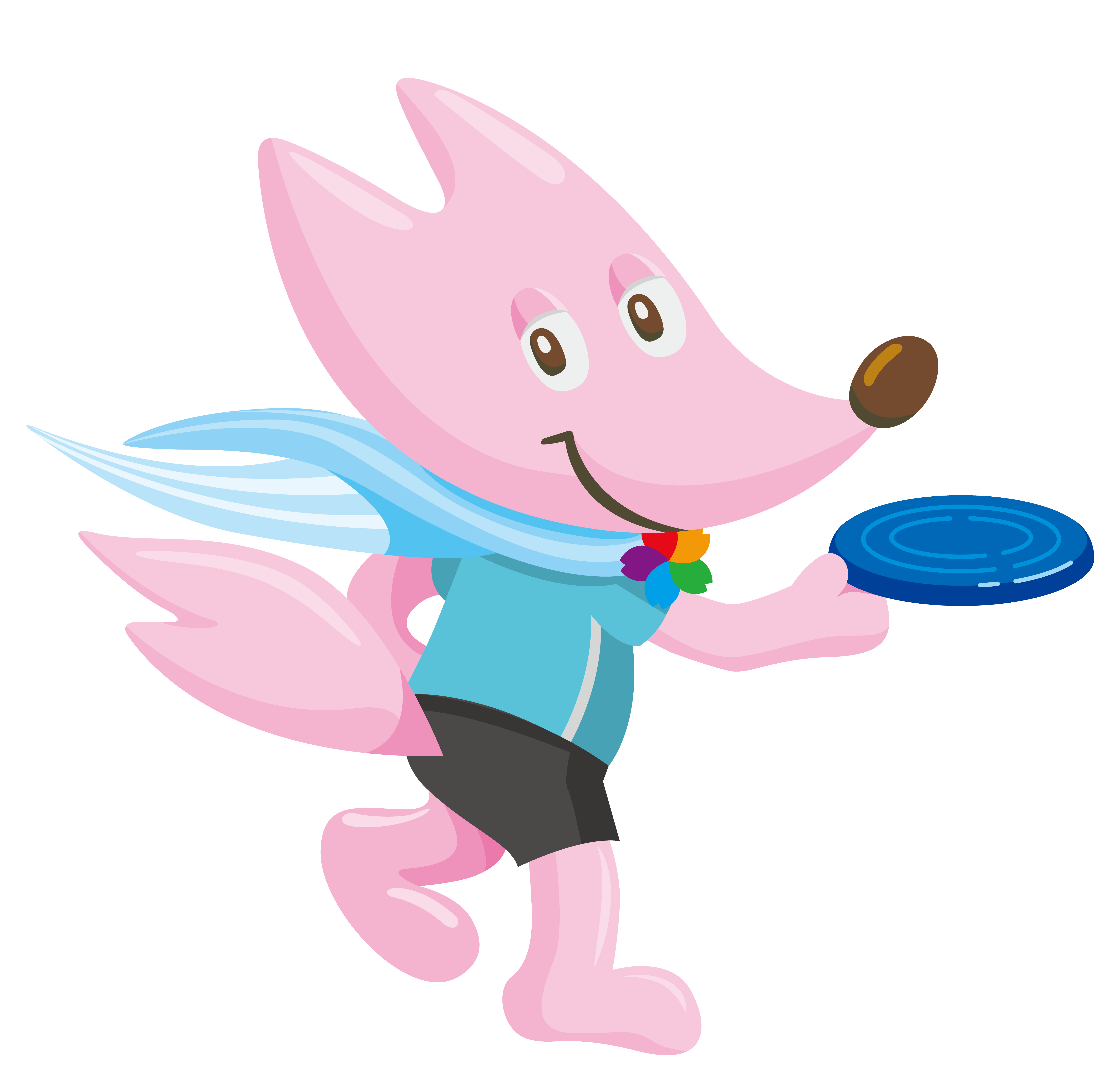 ピンク色のキツネが青いフリスビーを持っているイラスト