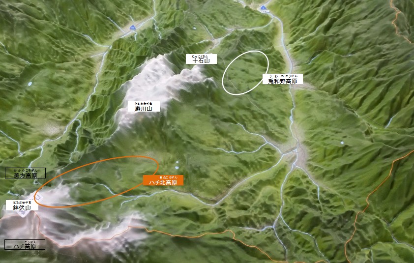 兎和野高原とハチ北高原に楕円が書かれている地図