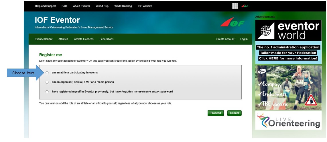 1番上の選択肢に矢印が置かれたIOF Eventorの登録画面スクリーンショット