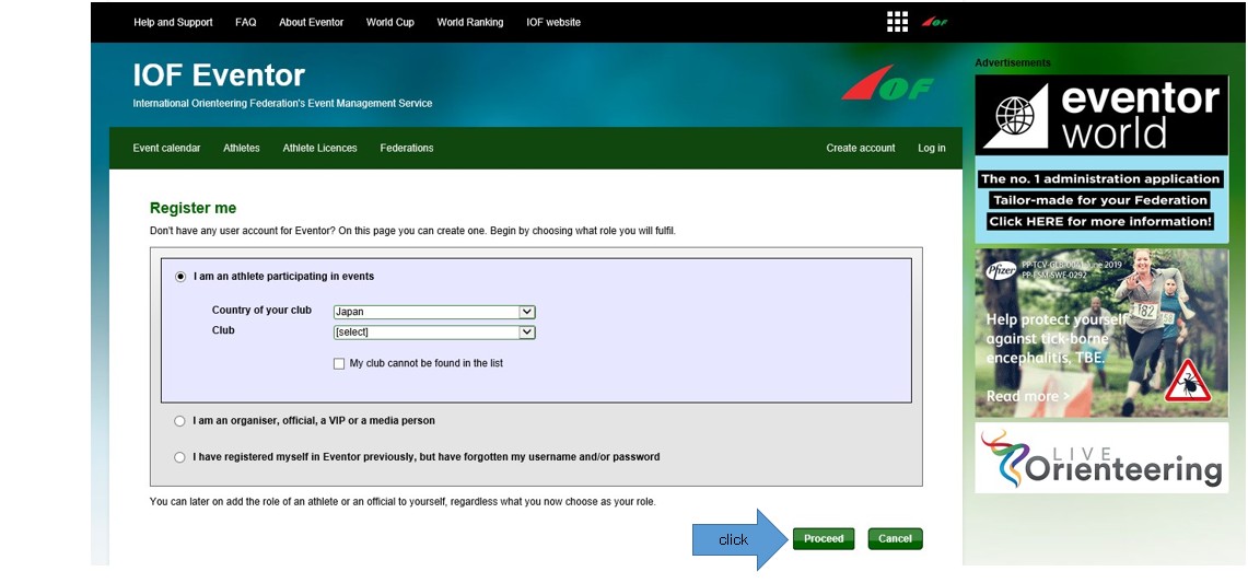 proceedにclickと書かれた矢印が置かれたIOF Eventorの登録画面スクリーンショット