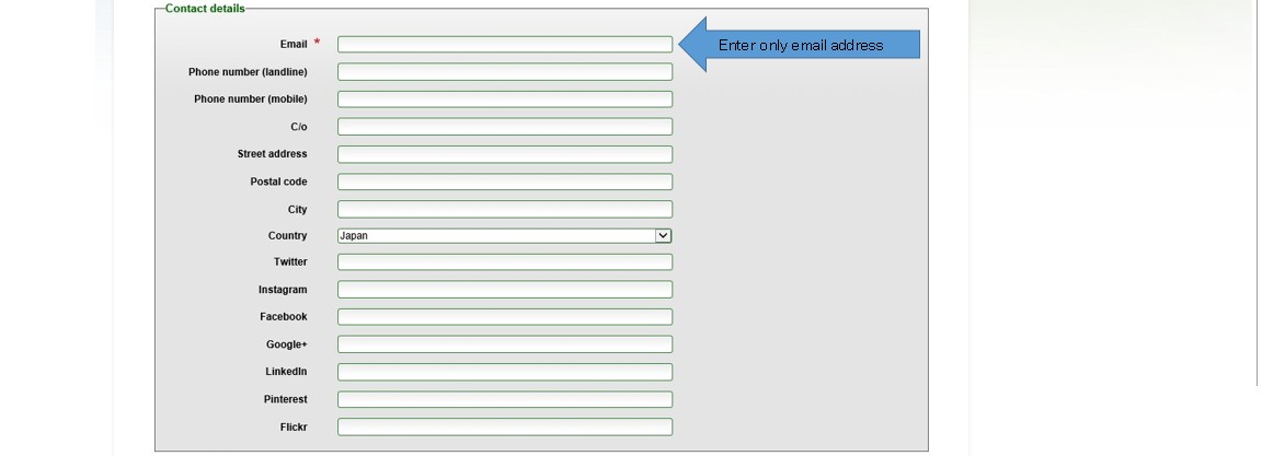 メールアドレスの記入欄に矢印が置かれたIOF Eventorの連絡先登録フォームのスクリーンショット