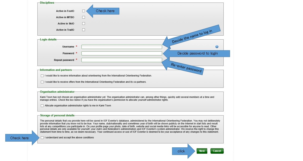 5項目の登録フォームに6種類の矢印が置かれたIOF Eventorの連絡先登録フォームのスクリーンショット