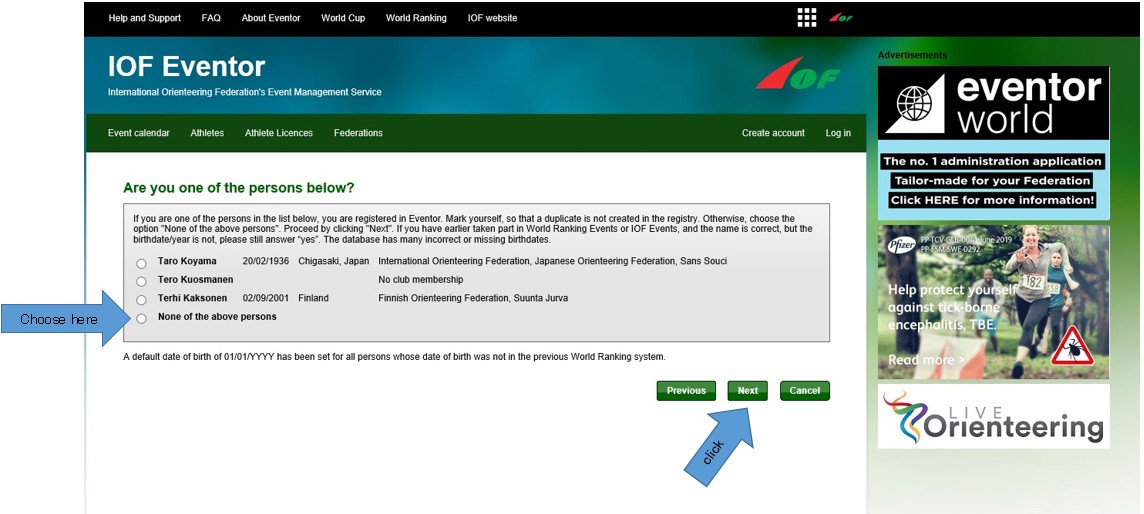 1番下の選択肢とNextボタンに矢印が置かれたIOF Eventorのスクリーンショット
