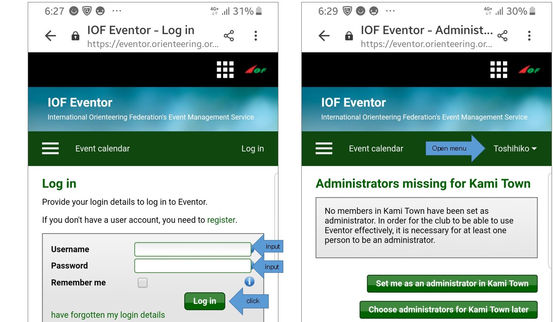 3種類の矢印が置かれたIOF Eventorのログイン画面のスクリーンショットと「Toshihiko」と書かれた部分に矢印が置かれたIOF Eventorのスクリーンショットの2枚が並んでいるスクリーンショット