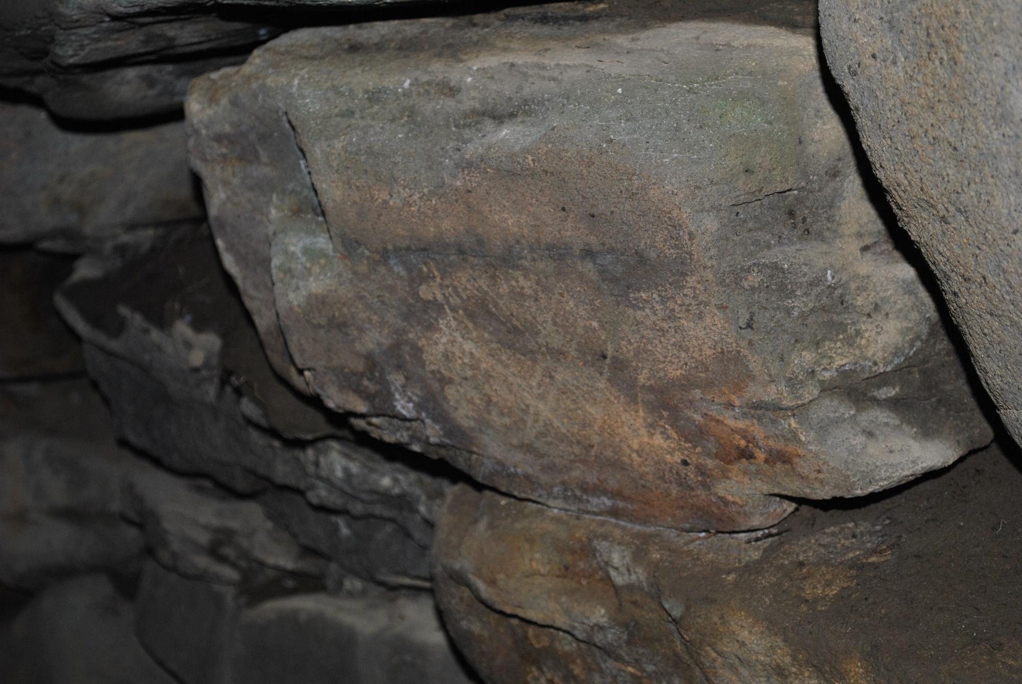 暗がりにある模様のような跡がついた岩の写真