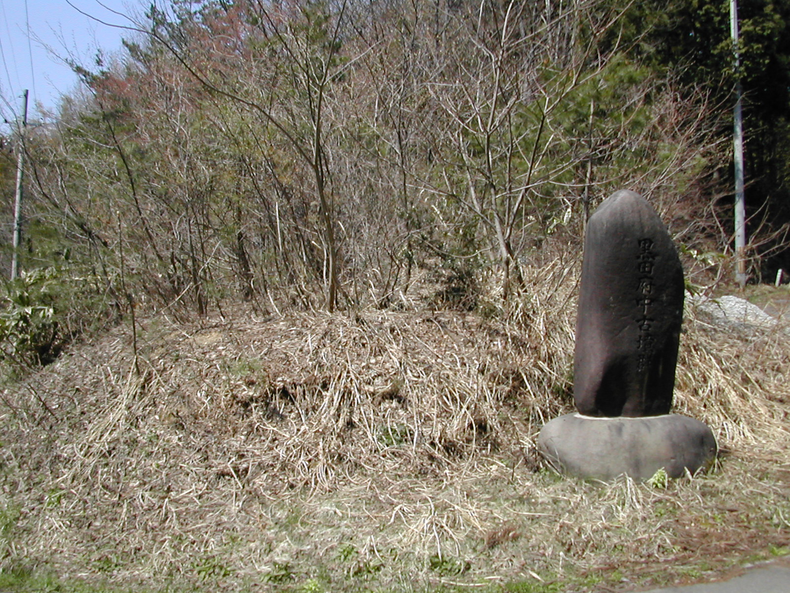 枯草の山の前に立っている、文字が刻まれた縦長に丸い形をした石碑の写真