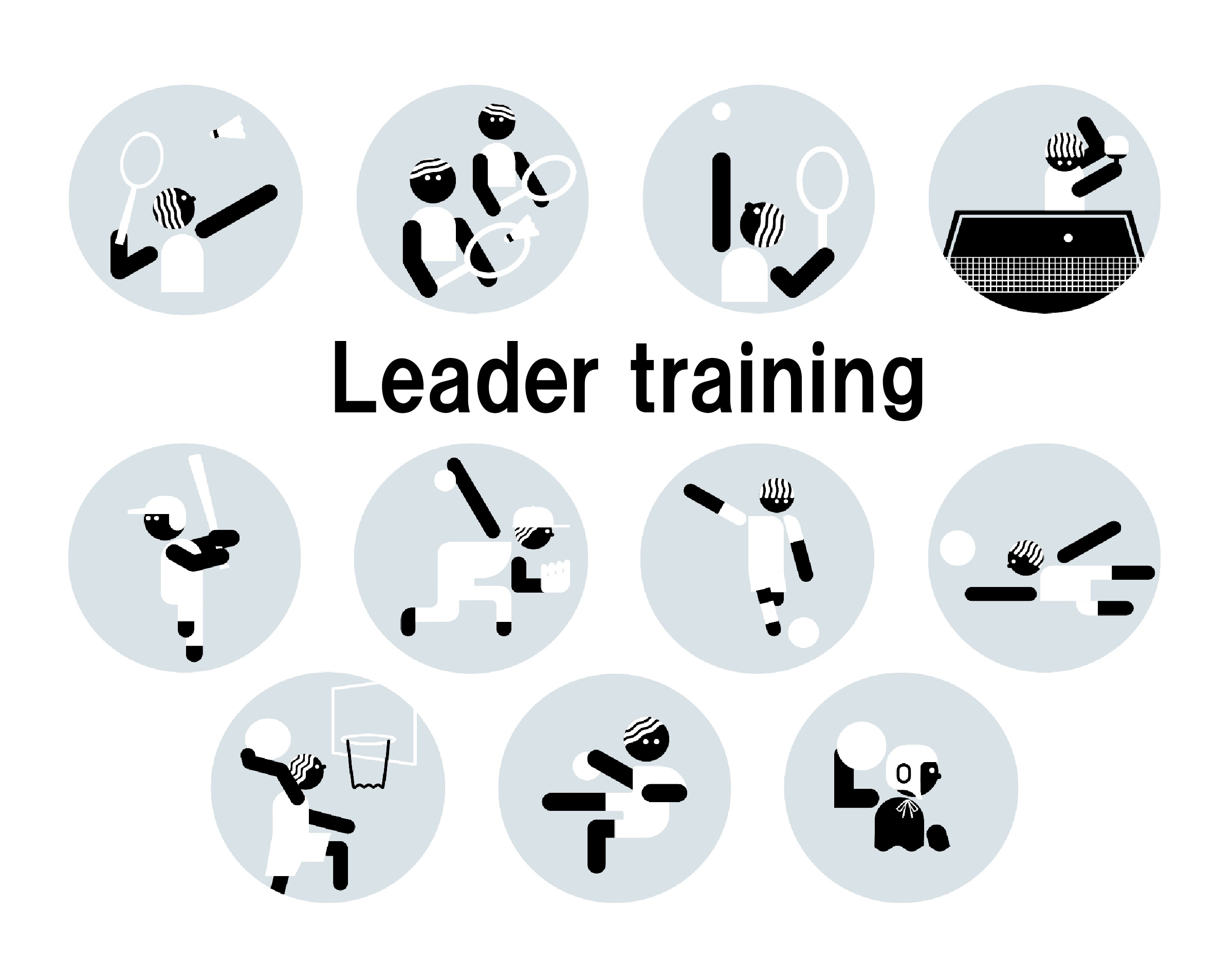 11種のスポーツをそれぞれモノクロで描いた丸形ピクトグラムアイコンのイラスト