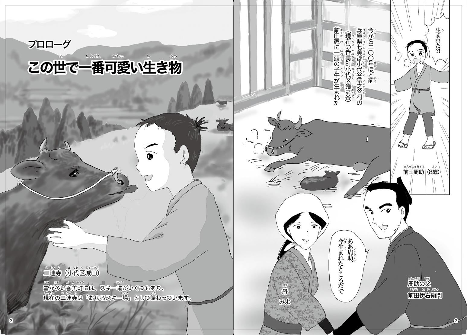 牛の出産に立ち会う着物の男女と少年のイラストの描かれたマンガふるさとの偉人「但馬牛を築いた男 前田周助物語」の見開きページ