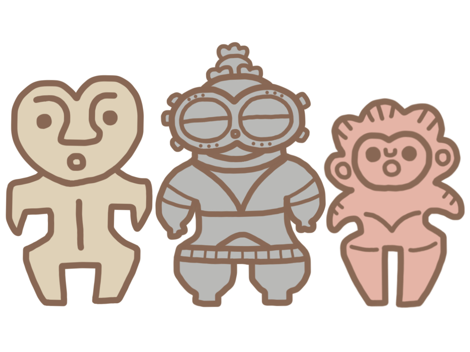 ハート形の頭をした埴輪と目を閉じた埴輪とピンク色の埴輪が並んでいるイラスト