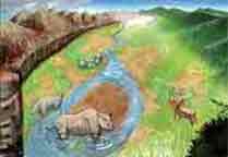 サイや鹿が水辺と草地にいるイラスト