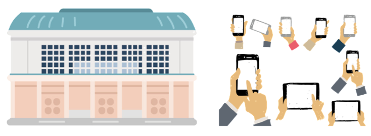 体育館建物のイラストとスマートフォンやタブレットを多く人が操作しているイラスト