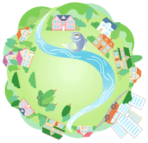 球状になっている街並みのイラスト