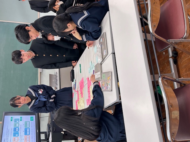 男女の高校生たちがワークショップを行っている写真