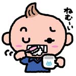 眠がっている幼児がコップを手に歯磨きをしているイラスト