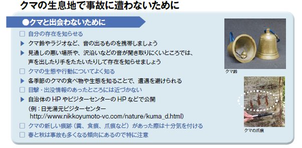 クマの生息地で事故に遭わないための方法を示す解説図