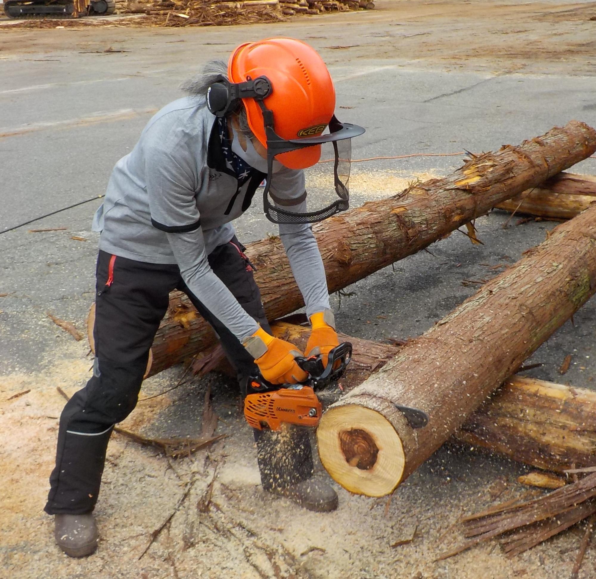 ヘルメットを着用した男性がチェーンソーで丸太を切っている写真