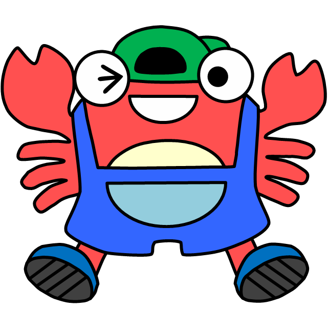 青い服に青い靴で緑色の帽子を被っているカニのゆるキャラ、松葉くんのイラスト