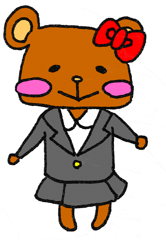 ツキノワグマをモチーフとした、赤いリボンをつけ学生服を着た女の子のゆるキャラ、むーたんのイラスト