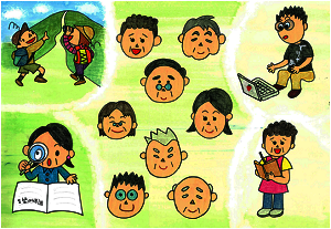 様々な顔と調べ物やメモを執る、パソコンで検索や山登りなどをしているイラスト