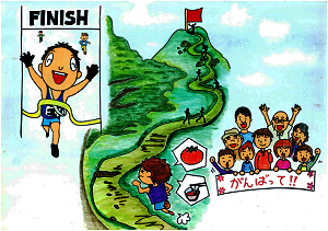 登山マラソンを始める選手、ゴールをする選手、選手を応援する観客たちのイラスト