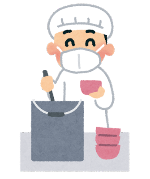 割烹着を着た人が器に汁を盛る様子のイラスト