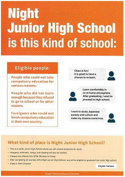 夜間中学のことを説明したチラシ（英語版）